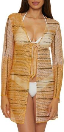 BECCA by Rebecca Virtue Tie Front Long Sleeve Sheer Mesh Cover-Up in Washed Orange at Nordstrom Rack, Size Medium