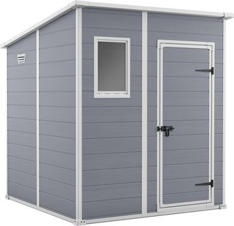 Keter Manor Pent 6x6 - Caseta De Jard&iacute;n 183,50x200x185 Cm 1 Puerta Para Almacenamiento De Herramientas Acabado Efecto Madera Rayada En Resina Gris