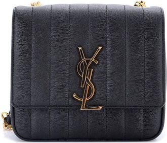 Saint Laurent Black Quilted Grainy Leather Vicky Crossbody Vertical Medium (Authentic Pre-Loved)