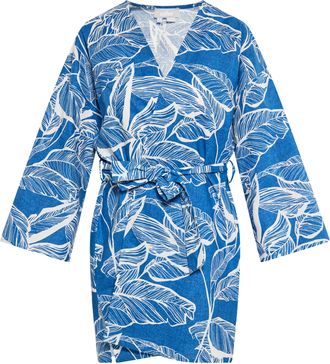 Usha Kimono Dames Blauw wol wit
