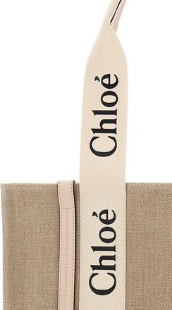 Chlo&eacute; Womens Handbag Medium Woody Linen Beige Tote Bags