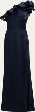 Teri Jon One-Shoulder Ruffle Column Gown