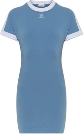 Versace Mini jurk van stretch katoen-jersey met geborduurd logo - Dames - Korte kleedjes - Blauw - 2XS - Katoen - Kleedjes