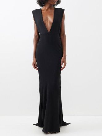 16Arlington Sina Caped V-neck Crepe Gown - Womens - Black - 14 UK
