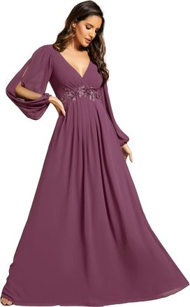 Ever-pretty Womens Elegant A-Line Deep V-Neck Appliques Pleated Long Sleeve Bridesmaid Dress Damson 16