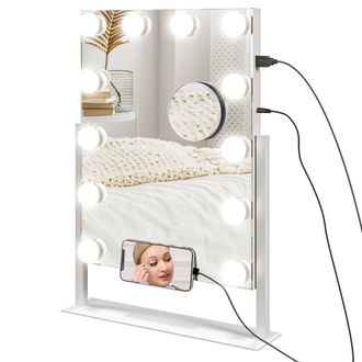 HOMCOM Hollywood Lighted Makeup Mirror With Magnifier - USB Port - Phone Holder | TJ Hughes White