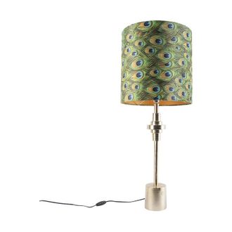 QAZQA Art Deco Table Lamp Gold Velvet Lampshade Peacock Design 40 cm - Diverso