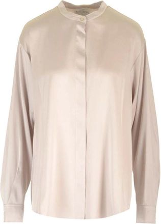 Forte_Forte Stretch Heavy Satin Silk Blouse met Kraag - Dames - Overhemden - Roze - L - Satijn - Overhemden