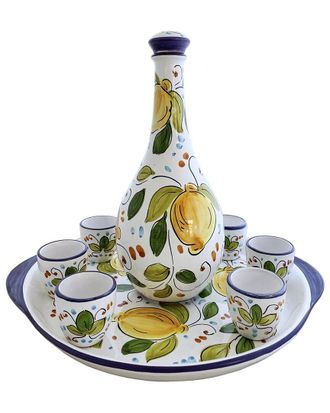ABBIAMO TUTTO 8Pc Limoncello Set With 6 Glasses, Round Tray & Bottle With Ceramic Cork Top