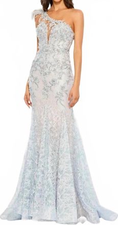 Mac Duggal Embroidered Feathered One Shoulder Trumpet Gown In Blue