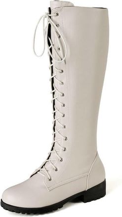 Generic Womens Fashion Lace Up Knee High Combat Boots Comfort Round Toe Low Block Heels Winter Motorcycle Shoes (Beige,7.5)