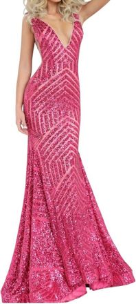 Jovani Low V Neck Sequin Sheath Dress In Neon Hot Pink