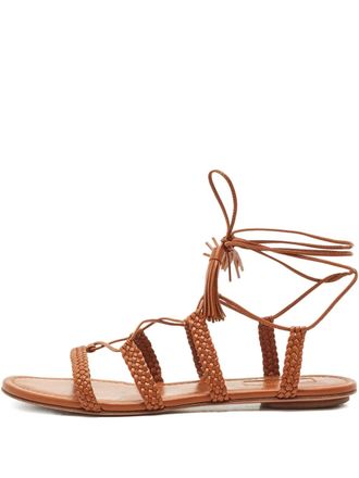 Aquazzura Stromboli braided-leather tassel flat sandals - Brown