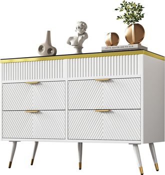 STILVORA C&oacute;moda Aparador Con 6 Cajones Y Separadores Extra&iacute;bles, Sistema Push, Antivuelco, En Vidrio, 120&times;40&times;76 Cm, Blanco