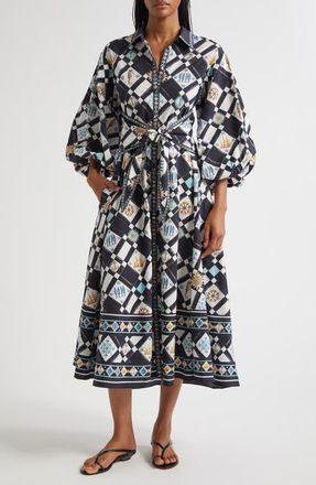 Camilla Folk Afloat Bubble Sleeve Tie Waist Shirtdress at Nordstrom, Size Large