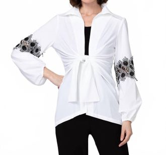 Joseph Ribkoff Tie Front Embroidered Blouse With Cami In White & Black