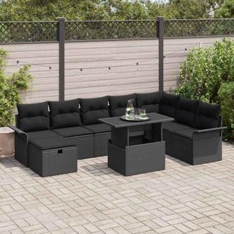 vidaXL Conjunto De Sof&aacute; De Jard&iacute;n Con Coj&iacute;n 9 Pcs Negro Polirat&aacute;n