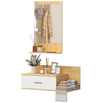 HOMCOM Homcom Conjunto De Recibidor De Entrada De Pared Con Espejo, Caj&oacute;n Y 2 Estantes Abiertos, Muebles Recibidor Para Pasillo, Madera Natural
