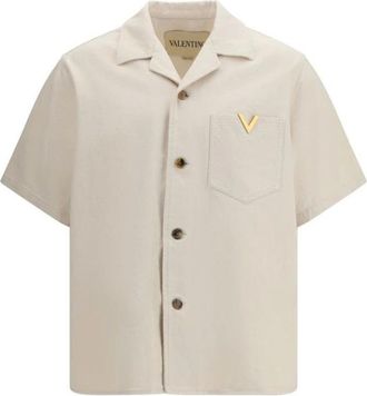 Valentino Short Sleeve Shirts, male, Beige, Size: S Denim Button-Up Shirt with Classic Collar