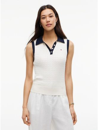 Tommy Hilfiger Womens Sleeveless Cable Knit Sweater Polo - White - XL