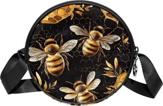 Generic Circle Crossbody Bag for Women, Golden Bee Small Sling Bag Daypack with Zipper Adjustable Shoulder Straps Casual Ladies Girls Round Purse