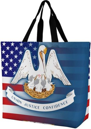 Generic U.S.A And Louisiana State Flag Reusable Shopping Bags One Shoulder Grocery Tote Bag Waterproof Big Purse for Work Travel