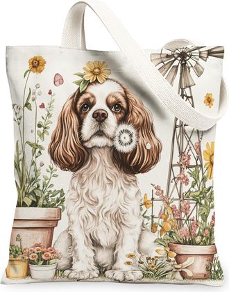 Generic Spring Cavalier King Charles Spaniel Dog Canvas Tote Bag for Shopping 13x15, Farmhouse Country Puppy Reusable Grocery Print Bag for Women, Pet Beach A