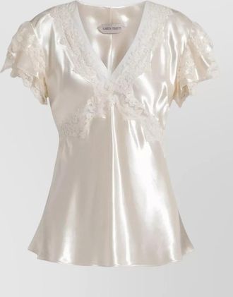 Alberta Ferretti v neck satin top ruffled lace