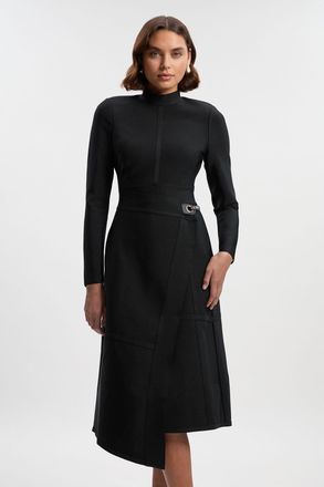 Karen Millen Womens Figure Form Bandage Asymmetric Long Sleeve Knit Midi Dress - Black - Size X-Small
