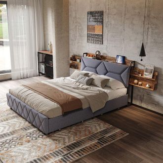 OEM Cama 160x200 Cm - 250314wxl - Terciopelo Gris - Somier Con Lamas Y 4 Cajones - Cabecera Con Almacenamiento