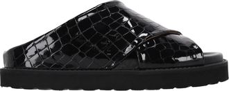 Ganni Ganni Croc-Effect Slide Sandals in Black Patent Calf Leather