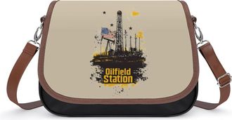 Generic Oilfield Station U.S. Flag Crossbody Bags for Women Fashion Leather Shoulder Handbags With Adjustable Strap