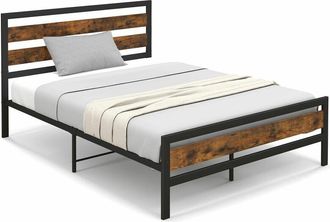 Costway Double Bed Frame Industrial Platform Bed Metal Wood Bed Frame with storage