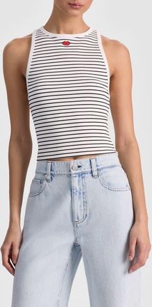 Alice & Olivia Allen Embroidered Tank in Off White/Black Stripe at Nordstrom, Size Large