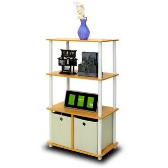 Furinno Go Green 4-Tier Multipurpose Storage Rack Shelving Unit w/Bins, Beech/White