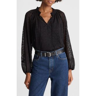 Madewell Embroidered Tie Neck Long Sleeve Top in Jet Black at Nordstrom, Size Xx-Large