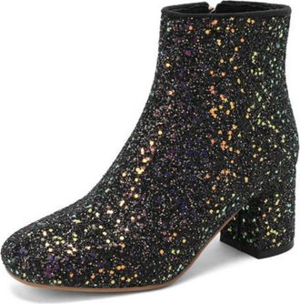 Generic Womens Glitter Ankle Boots with Chunky Block Heel & Side Zipper, for Party & Festive Wear,Black,7.5 UK