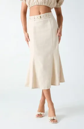 Guess Ryan Belted Linen Blend Midi Skirt in Warm Slate Multi at Nordstrom, Size X-Large