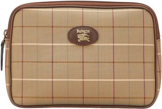 Burberry Brown Green Khaki Canvas Leather Clutch Bag (Pre-Owned)
