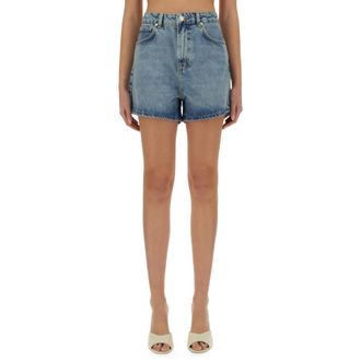 Moschino Korte Broeken, Dames, Blauw, W27, Denim, Logo-patch Denim Shorts