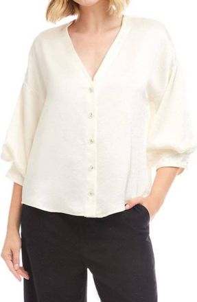 Karen Kane Lantern Sleeve Crystal Rhinestone Button Satin Top In Cream