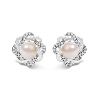 House of Brilliance Sterling Silver Pearl and 1/10 Cttw Diamond Floral Twist Stud Earrings