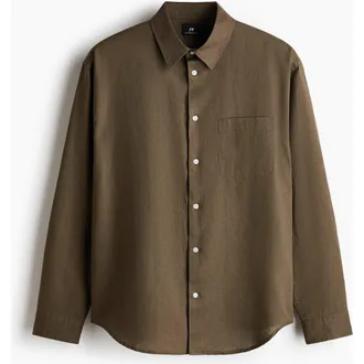 H&M Relaxed Fit Linen-blend Shirt in Dark Khaki Green at Nordstrom, Size Xx-Large