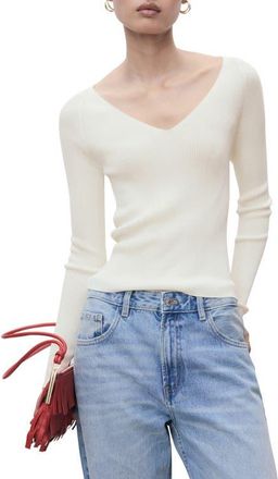Mango V-Neck Rib Knit Sweater in Ecru at Nordstrom, Size Medium