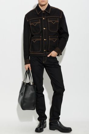 Versace Denim Jacket With Contrasting Stitching, Mens, Black