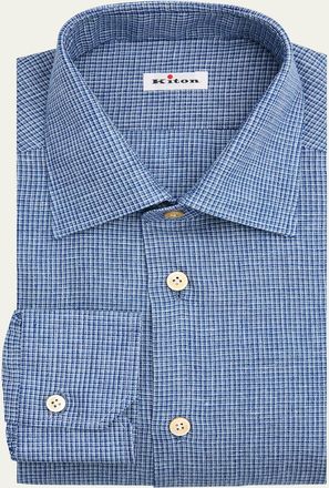Kiton Mens Micro-Check Linen Blend Dress Shirt