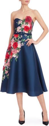 Badgley Mischka Placed Floral Appliqu&eacute; Strapless Cocktail Dress in Navy at Nordstrom, Size 16