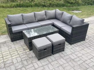 Fimous 8 Seater Rattan Corner Sofa Lounge Sofa Set With Rectangular Coffee Table 2 Stool Right Hand in Dark Grey
