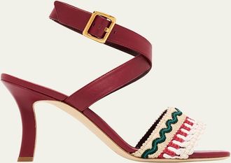 Manolo Blahnik 90mm Mabeco Embroidered Crochet Leather Sandals