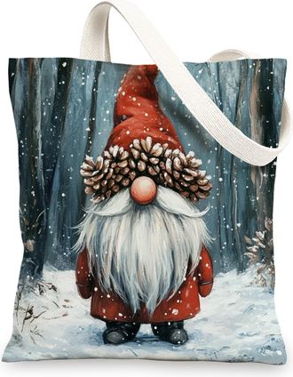 Generic Winter Christmas Gnome Canvas Tote Bag for Shopping 13x15, Snow Xmas Forest Scenic Reusable Grocery Print Pattern Bag for Women Men, Holiday New Year 